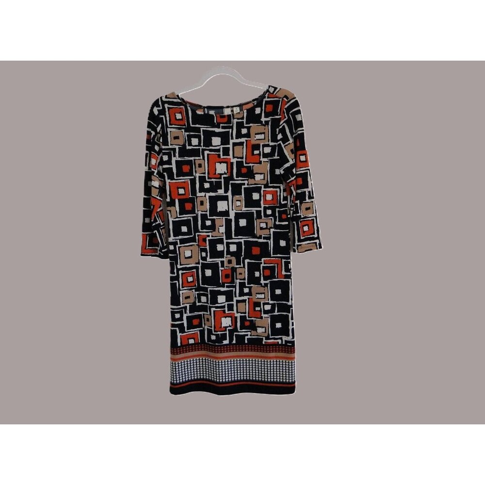 Tacera Womens Dress Mixed Geometric Design in Navy Orange Tan 3/4 Sleeve Size S - Picture 3 of 13